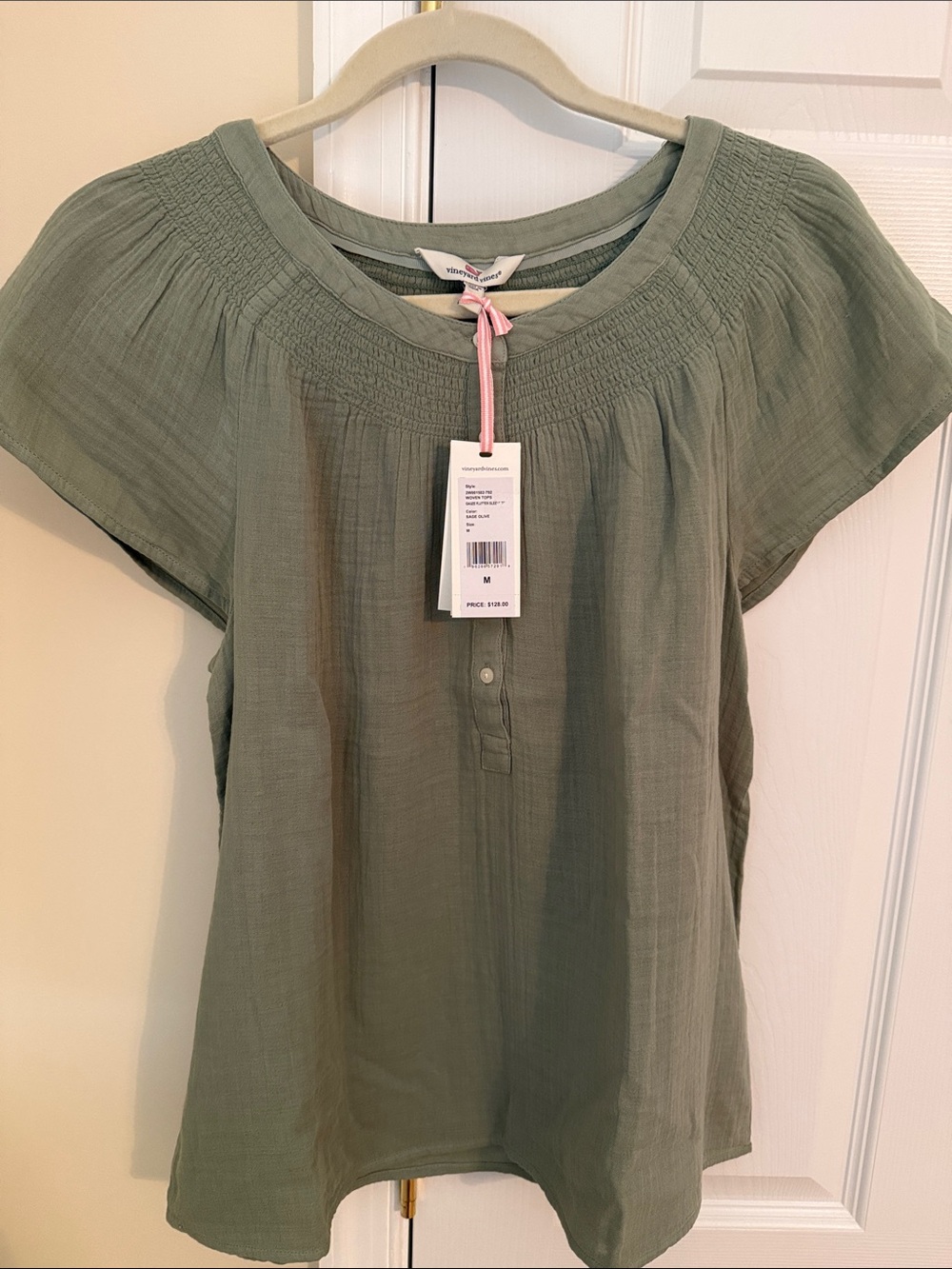 Vineyard Vines Olive Green Short Sleeve Peasant Blouse